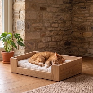 Cama para mascotas de roble macizo, muebles minimalistas modernos para gatos, incluye cojín suave.