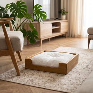 Cuccia per animali domestici in rovere massello, design minimalista e moderno per gatti, con morbido cuscino incluso.