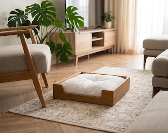 Haustierbett aus massivem Eichenholz, minimalistische, moderne Katzenmöbel, weiches Kissen inklusive