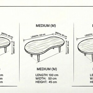 May include: A black and white line drawing showing three kidney-shaped coffee tables in small, medium, and large sizes. The small table is 80 cm long, 40 cm wide, and 45 cm high. The medium is 100 cm long, 50 cm wide, and 45 cm high. The large is 120 cm long, 60 cm wide, and 45 cm high.
