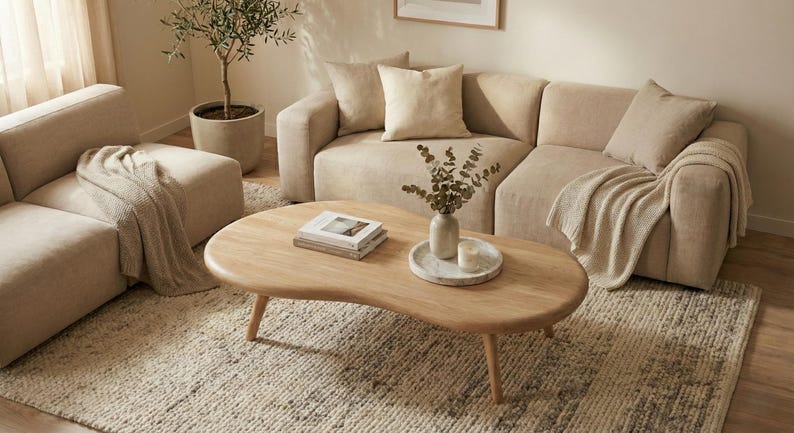 May include: A modern living room setup featuring a beige sectional sofa, a wooden coffee table, and a textured rug. Decorative pillows and a throw blanket add to the cozy atmosphere. A potted olive tree and a vase with greenery complete the scene.
