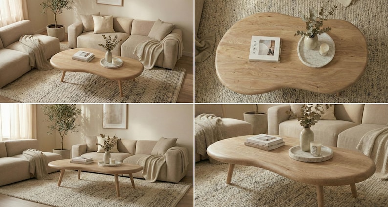 May include: A light wood coffee table with an irregular, organic kidney-bean shape and four tapered legs. The surface features a natural wood grain pattern and holds a stack of books, a small vase with dried foliage, and a round tray.