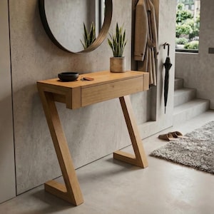 手作りのオーク無垢材コンソールテーブル（引き出し付き） - モダンな玄関用化粧台