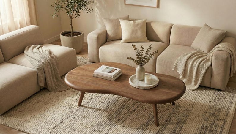 May include: A kidney-shaped wooden coffee table with a smooth, dark brown finish and three tapered legs. The table surface holds a stack of two books, a small ceramic vase containing dried eucalyptus stems, and a white circular tray with a candle.