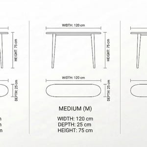 K&ouml;nnte beinhalten: Eine technische Strichzeichnung mit drei Tischgr&ouml;&szlig;en, beschriftet als Small, Medium und Large. Der kleine Tisch ist 90 cm breit, 25 cm tief und 75 cm hoch. Der mittlere Tisch ist 120 cm breit und der gro&szlig;e Tisch ist 150 cm breit, bei gleicher Tiefe und H&ouml;he.