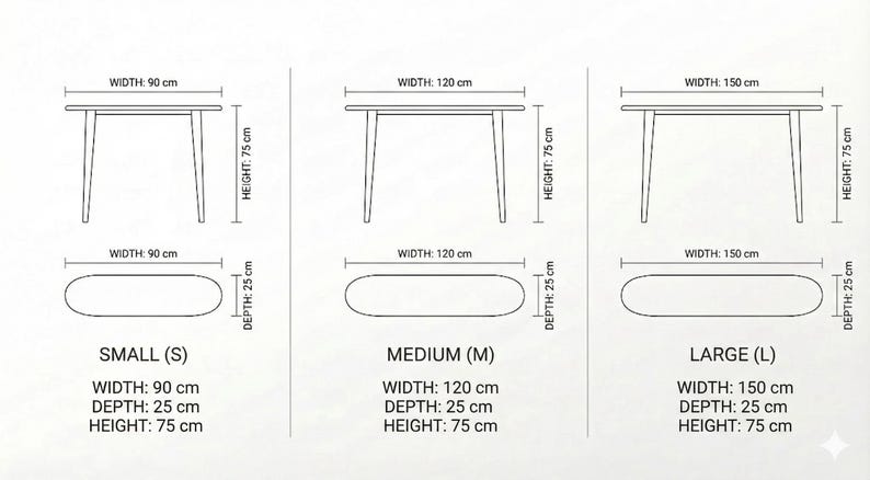 K&ouml;nnte beinhalten: Eine technische Strichzeichnung mit drei Tischgr&ouml;&szlig;en, beschriftet als Small, Medium und Large. Der kleine Tisch ist 90 cm breit, 25 cm tief und 75 cm hoch. Der mittlere Tisch ist 120 cm breit und der gro&szlig;e Tisch ist 150 cm breit, bei gleicher Tiefe und H&ouml;he.
