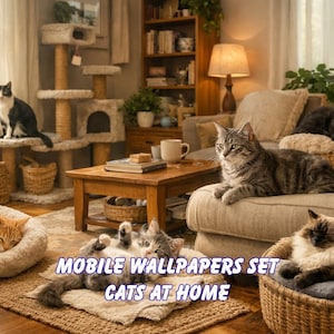 Op de afbeelding: Een gezellige woonkamer met verschillende katten. Een zwart-witte kat zit op een krabpaal, anderen liggen op meubels en in manden. De afbeelding bevat de tekst "MOBILE WALLPAPERS SET CATS AT HOME".