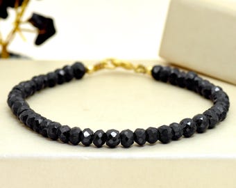 5mm Natural Black Tourmaline Faceted Rondelle Bracelet with Polished Beads