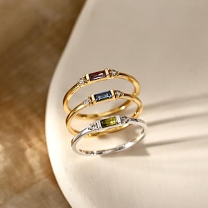 14K Gold Baguette Birthstone Ring • Baguette Ruby Ring •Personalized Custom Gemstone Band•Dainty Stacking Ring•Gift for Mom•Anniversary Gift