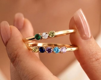 Gepersonaliseerde sterling zilveren geboortesteenring • Geboortesteenring voor het hele gezin • Fijne gouden ring • Geboortesteensieraad • Moedersieraad • Verjaardagscadeau