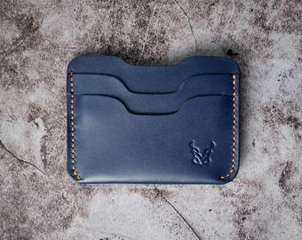 Custodia ultra compatta per carte, in pelle pieno fiore blu cucita a mano / Markore Niva Zoj