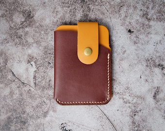 Porta carte in pelle pieno fiore cucito a mano con passante di sicurezza, marrone con passante ambra / Markore Niva