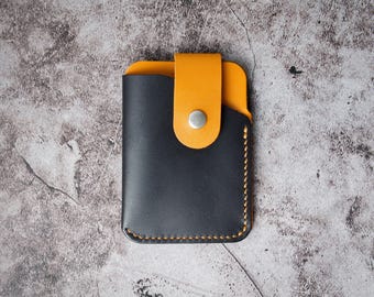 Porta carte in pelle pieno fiore cucito a mano con passante di sicurezza, nero e ambra / Markore Niva Loop