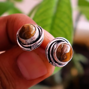 Pode incluir: Um par de brincos de pressão com uma pedra olho de tigre polida, engastada em metal prateado. Os brincos têm um design em espiral em torno da pedra. O fundo está desfocado, com folhagem verde. Um acessório clássico.