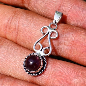 Amethyst Cabochon Sterling Silver Pendant, Dainty Gemstone Charm, Boho Swirl Design, Handmade Women's Pendant