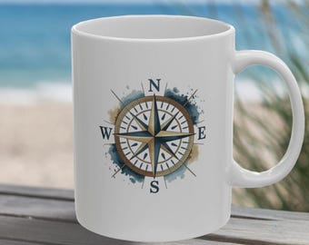 Watercolor Compass Rose Coffee Mug, Nautical Beach Decor