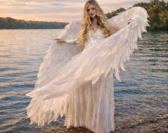 Alas de ángel blancas móviles, hechas a mano para baile y sesiones de fotos. Alas de ángel grandes para bodas y looks de fantasía.