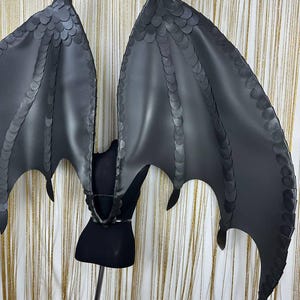 Puede incluir: Un par de alas de drag&oacute;n negras, grandes, con una apariencia texturizada y escamosa. Las alas est&aacute;n unidas a un arn&eacute;s negro, dise&ntilde;ado para ser usado. Las alas tienen puntas puntiagudas y una forma curva, para cosplay.