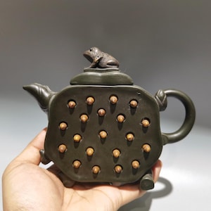 Hand Sculpted Lotus Pod & Sitting Frog Yixing Teapot, Natural Dark Green Ore Zisha Pot,