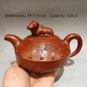 Yixing Zisha Teapot with Cow Lid Knob, Red Clay Hand Carved Gongfu Teapot