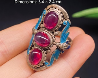 Vintage Cloisonne Bat Silver Adjustable Ring, Triple Red Gem Fortune Band