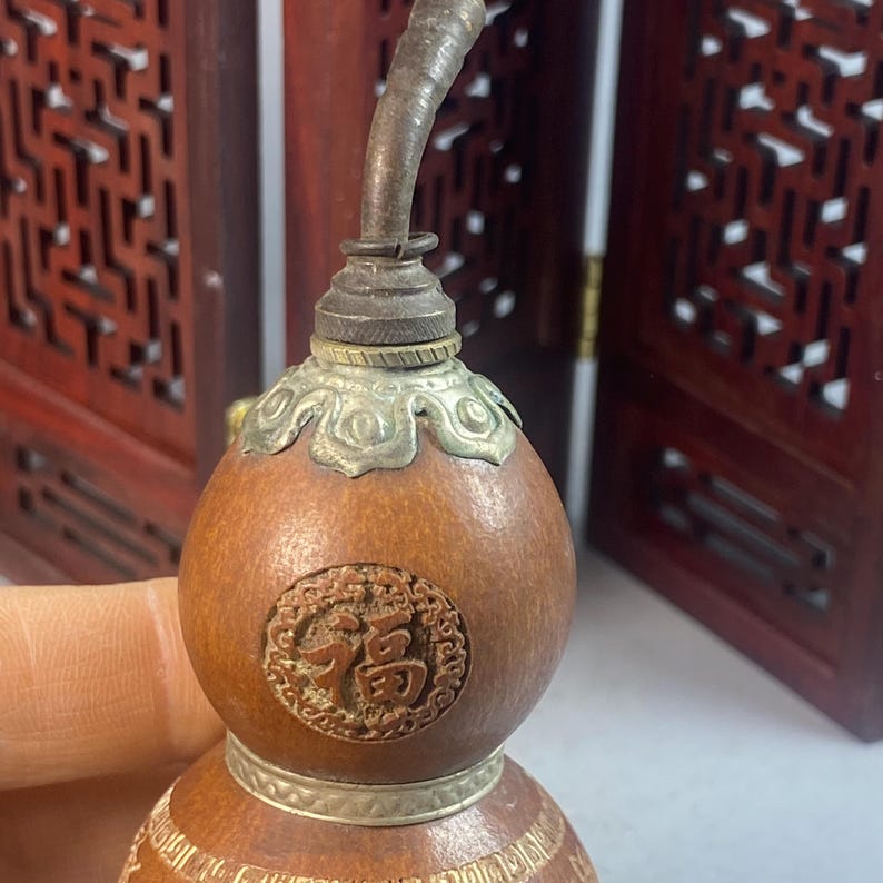 Vintage Chinese Gourd Snuff Bottle Brass Inlay, Handcrafted Oriental ...