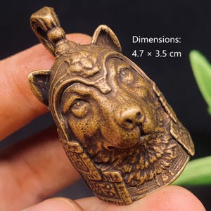 Puede incluir: Un colgante de metal color bronce con forma de cabeza de lobo con casco, que presenta detalles grabados intrincados y un lazo superior para colgar. El colgante mide 4,7 x 3,5 cm, tal como indica el texto impreso en la imagen.