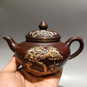 Yixing Teapot, Silver Inlaid Deer Pine Scene, Aged Purple Clay Gongfu Teaware