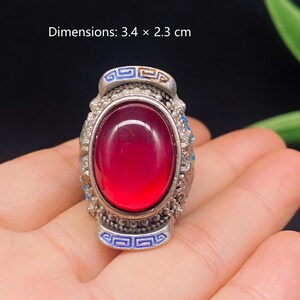 Retro Chinese 8 Horses Cloisonné Ring, White Copper Adjustable Ruby Ring