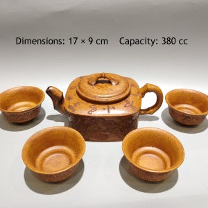 Yixing Square Zisha Teapot Set, Bamboo Shape Knob, Landscape & Calligraphy Carving