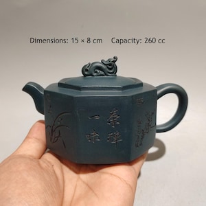 260cc Yixing Dark Green Octagonal Zisha Teapot, Beast Knob Carved Tea Pot