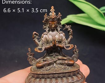 Solid Bronze 4-Arm Avalokiteshvara Figurine, Compassion Protection Pocket Altar Tibetan Feng Shui Decor