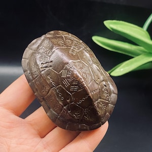 May include: A dark brown, metallic turtle shell figurine featuring intricate engraved patterns and symbols across its surface. The shell has a segmented, rounded design with a prominent central ridge and detailed etchings resembling ancient characters.