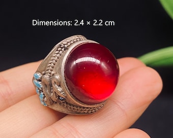 Retro Dragon Red Gem Signet Ring, White Copper Enamel Ethnic Adjustable Statement Ring