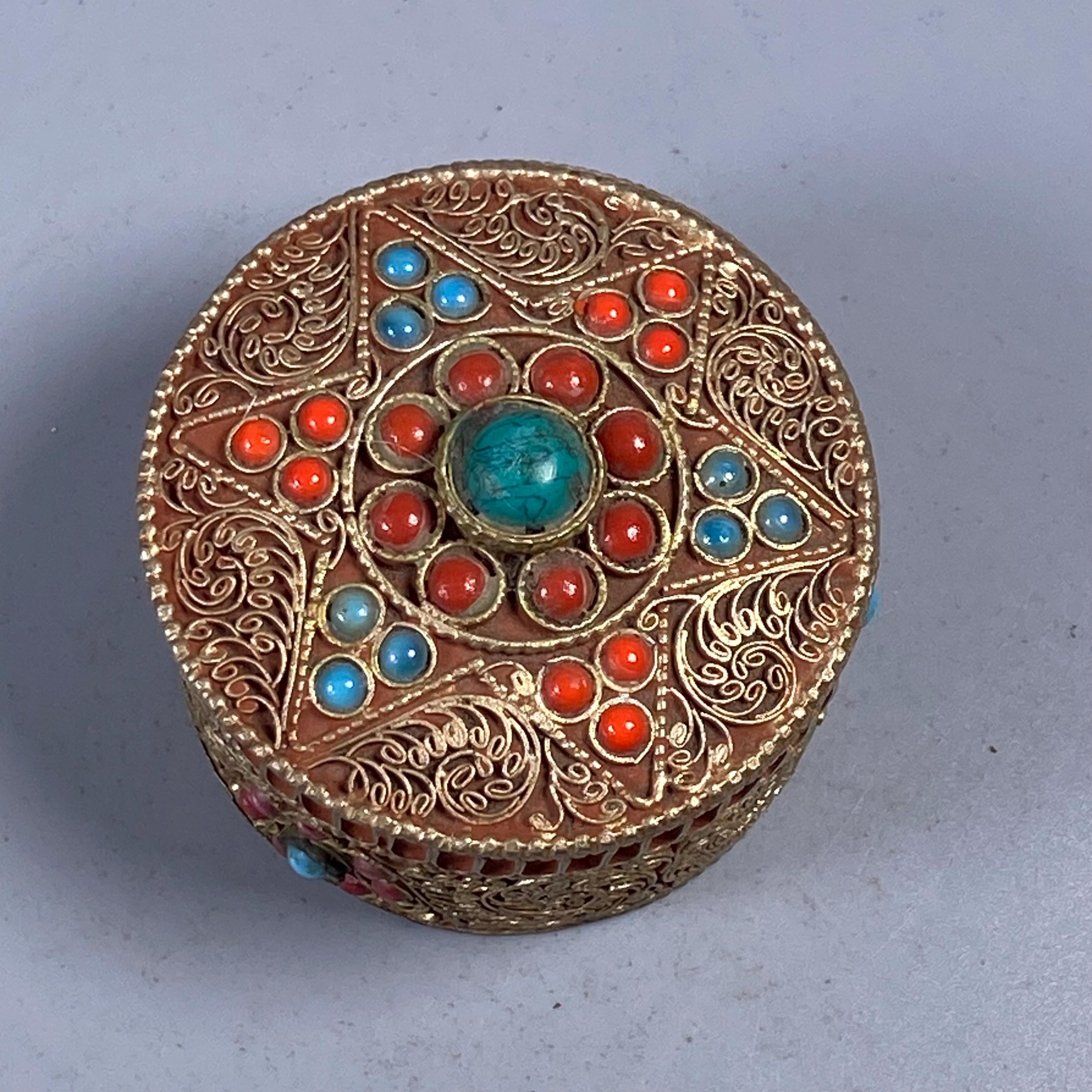 Vintage Tibetan Copper Filigree Box, Turquoise Coral Inlay, Ethnic