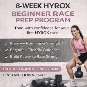 Op de afbeelding: Advertentie voor een 8-weekse HYROX Beginner Race Prep Programma. De afbeelding toont een vrouw in sportkleding die een kettlebell optilt. Tekst benadrukt de voordelen van het programma: Verbetering van hardlopen & kracht, beginnersvriendelijke begeleiding en bouw kracht. Digitale download.