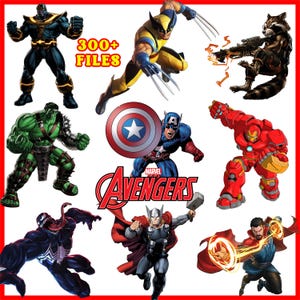 May include: A collection of superhero character illustrations, including Thanos, Wolverine, Hulk, Captain America, Iron Man, Venom, Thor, Doctor Strange, and Rocket Raccoon. The word "Avengers" is displayed with the text "300+ FILES".