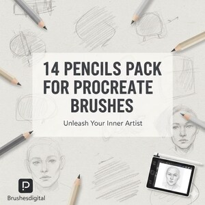 May include: An image featuring a collection of pencils and sketches. The text reads "14 PENCILS PACK FOR PROCREATE BRUSHES" with the tagline "Unleash Your Inner Artist." A digital tablet displays a pencil sketch.