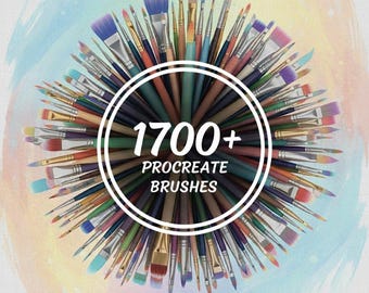 May include: An image showcasing a collection of over 1700 Procreate brushes, arranged in a circular pattern. The brushes feature various colors and styles, with the text "1700+ PROCREATE BRUSHES" in a white circle. The brand name "Brushesdigital" is at the bottom.