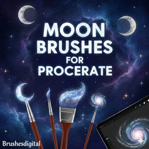 Puede incluir: Pinceles de arte digital para Procreate, con temática celestial. La imagen muestra cuatro pinceles con mangos de madera y puntas brillantes, incluyendo lunas crecientes y diseños de galaxias. El fondo es un cielo estrellado con el texto "MOON BRUSHES FOR PROCREATE".
