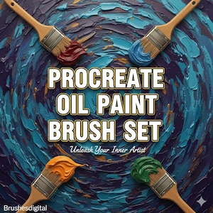Könnte beinhalten: Ein künstlerisches Bild zeigt vier Pinsel mit Holzgriffen und Metallzwingen, die jeweils eine andere Ölfarbe tragen: Rot, Blau, Orange und Grün. Der Text "PROCREATE OIL PAINT BRUSH SET" wird mit dem Slogan "Unleash Your Inner Artist" angezeigt.