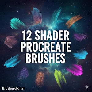 May include: An image with a dark blue and purple galaxy background. The text reads "12 Shader Procreate Brushes" in white. Twelve colorful brush strokes in shades of teal, purple, orange, and pink are arranged around the text. The text "Brushesdigital" is at the bottom.