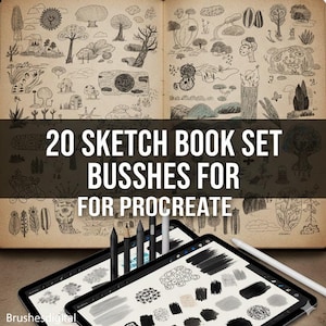 May include: An open sketchbook with tree and plant sketches, with the text "20 Sketch Book Set Brushes for Procreate." Two tablets display brush strokes and patterns. Several styluses and pencils are visible.
