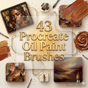 May include: An artistic composition featuring 43 Procreate oil paint brushes. The image showcases various brushstrokes, a digital painting, and the text "43 Procreate Oil Paint Brushes". The color palette includes warm tones of brown, orange, and gold.