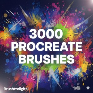 Może przedstawiać: Grafika cyfrowa z tekstem "3000 Procreate Brushes" w kolorze białym, na żywym tle kolorowych rozprysków farby. Logo Brushesdigital znajduje się na dole.