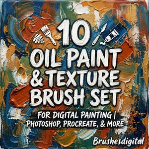 Può includere: Immagine promozionale per un set di pennelli digitali. Il testo centrale recita "10 OIL PAINT & TEXTURE BRUSH SET" in bianco, su uno sfondo di pennellate strutturate in blu, arancione, oro e verde. Il testo aggiuntivo recita "FOR DIGITAL PAINTING | PHOTOSHOP, PROCREATE, & MORE".