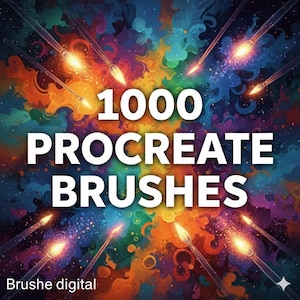 May include: An artistic digital illustration featuring the text "1000 PROCREATE BRUSHES" in white, set against a vibrant, colorful background. Paintbrushes with glowing tips are scattered around the text. The text "Brushe digital" is at the bottom.