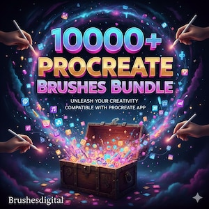 Puede incluir: Gráfico de un paquete de arte digital con el texto "10000+ PROCREATE BRUSHES BUNDLE". Un cofre del tesoro de madera rebosa de iconos y pinceles coloridos, rodeado de un diseño de galaxia arremolinada. También es visible el texto "UNLEASH YOUR CREATIVITY".
