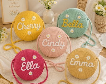 Custom Name Round Straw Crossbody Bag for Girls, Personalized Crochet Daisy Shoulder Bag, Cute Summer Beach Purse, Birthday Gift for Kids