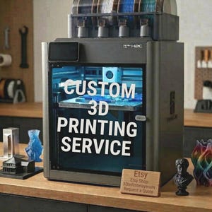 May include: A grey and black 3D printer with the text "CUSTOM 3D PRINTING SERVICE". The printer has a clear window displaying the printing process. Several 3D-printed objects are displayed on a wooden surface, including a bust and a vase.